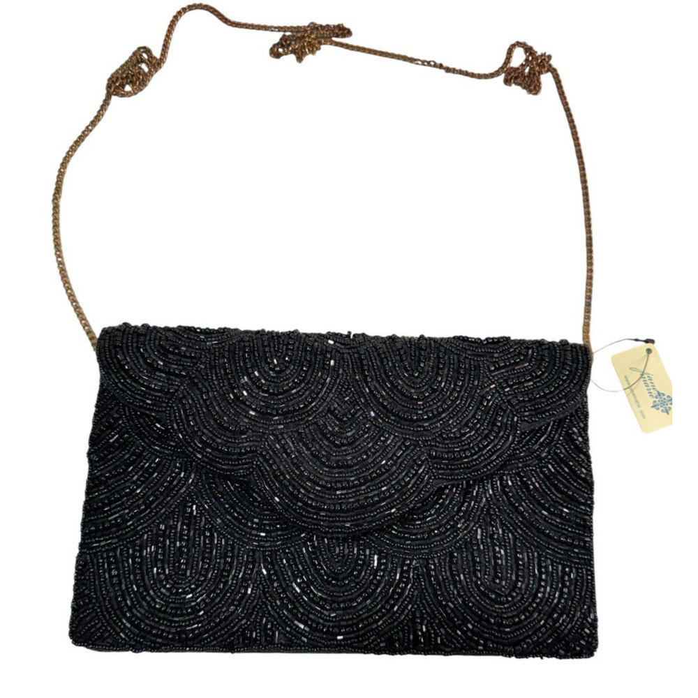 NWT Jane Marie Black Scallop Beaded Bag Clutch Crossbody Purse 9.5”